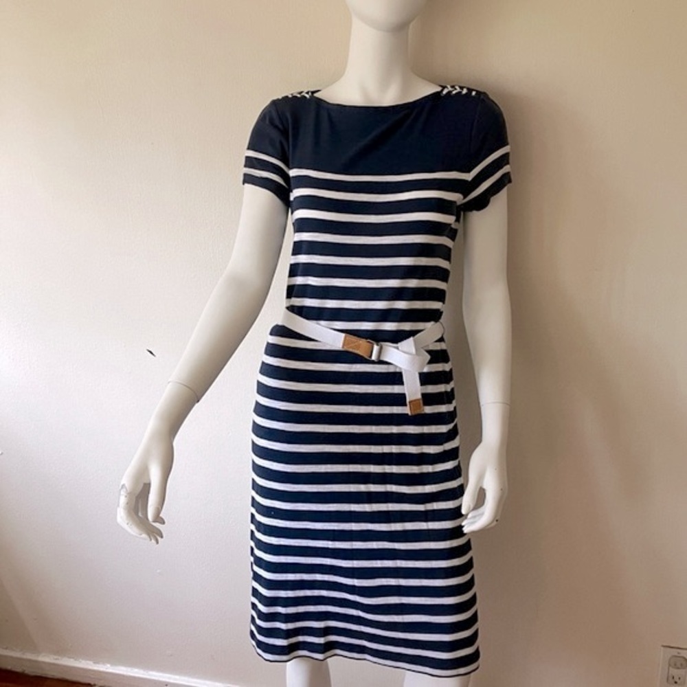 NWOT Ralph Lauren navy/white striped cotton knit dress w/belt